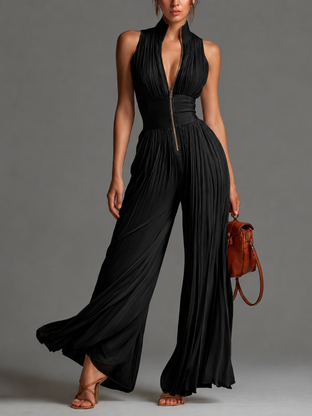 ECLIPSE™ | MONO PALAZZO PLISADO CON ESCOTE V Y CINTURA CORSET
