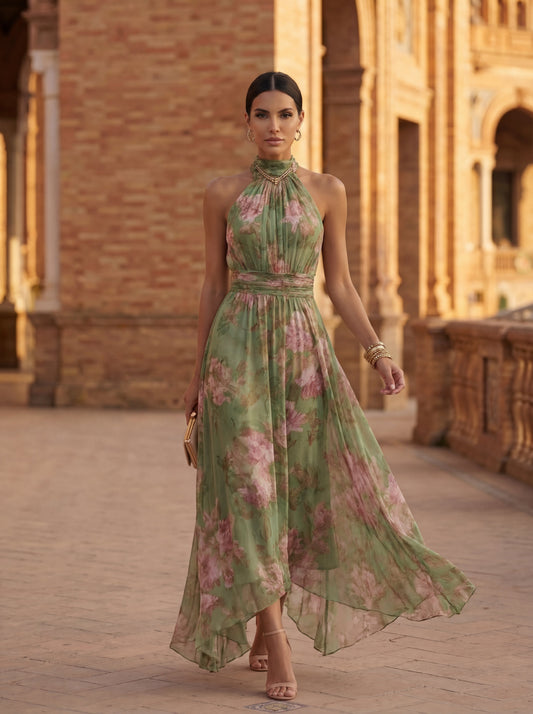 OLIVIA™ | VESTIDO MAXI HALTER FLORAL ELEGANTE