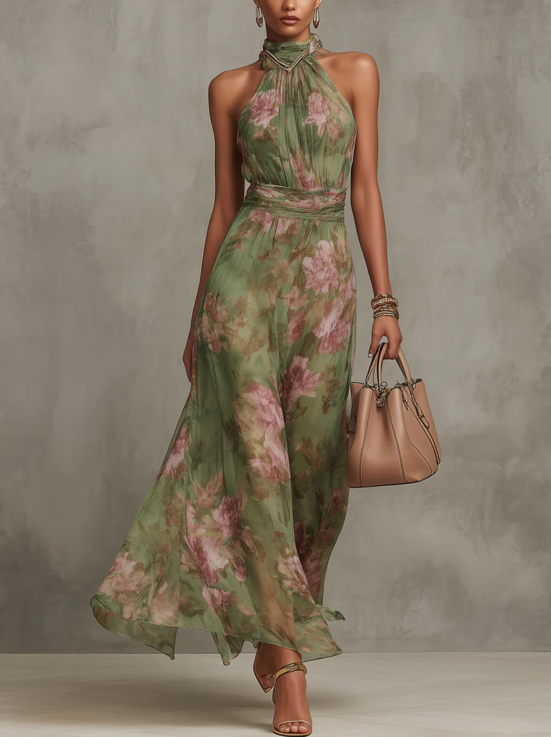 OLIVIA™ | VESTIDO MAXI HALTER FLORAL ELEGANTE