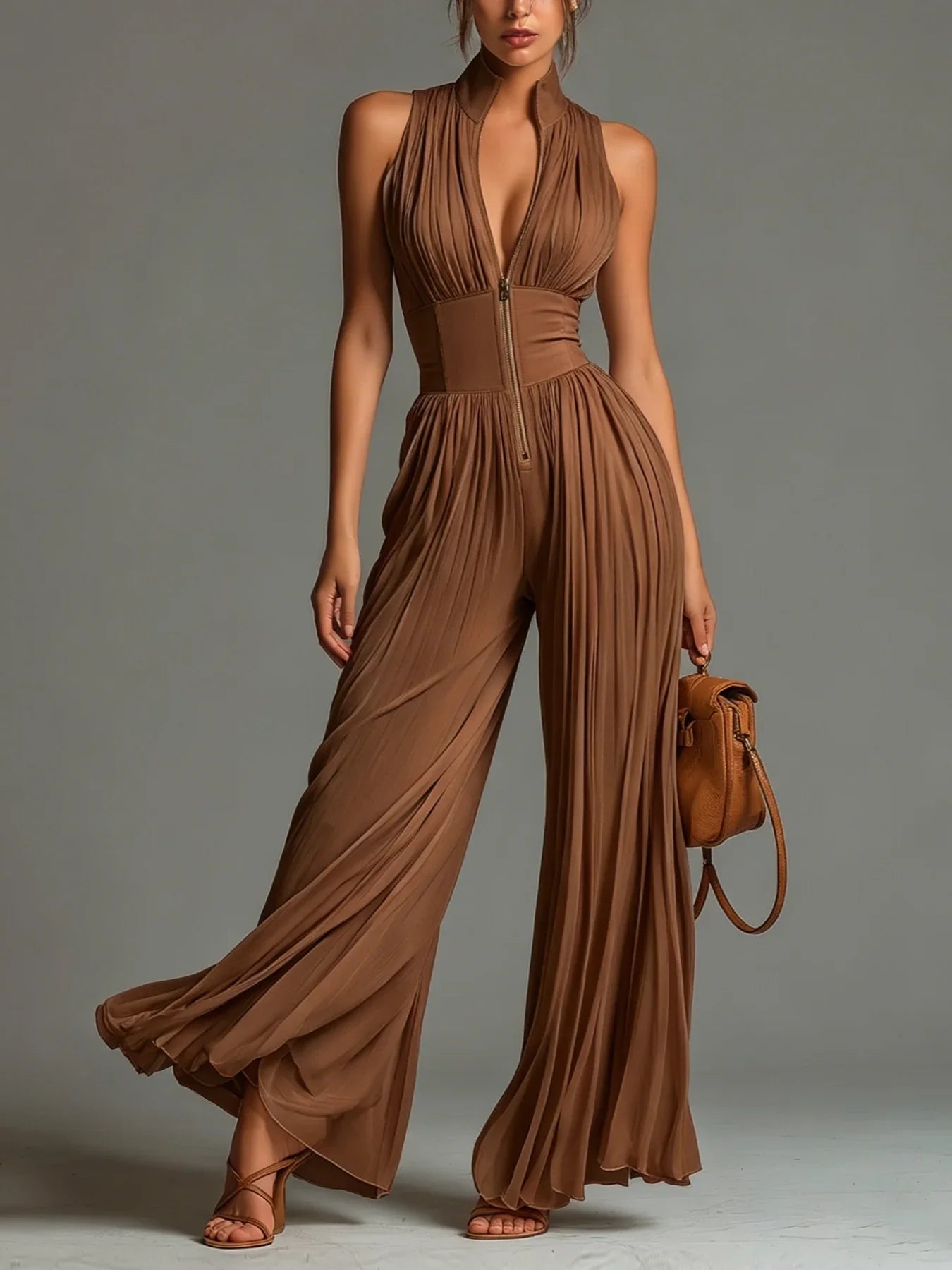 ECLIPSE™ | MONO PALAZZO PLISADO CON ESCOTE V Y CINTURA CORSET